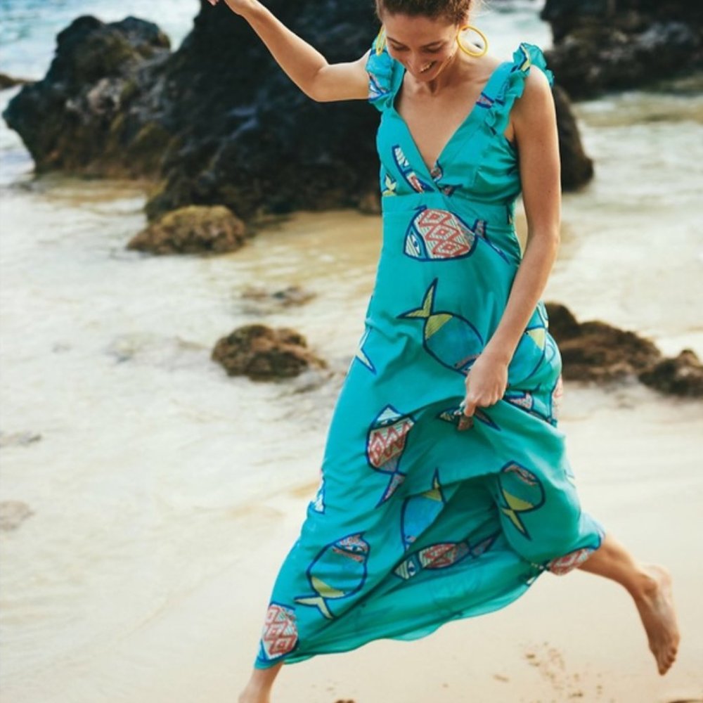 Anthropologie Summer School Fish Maxi Dress 0 NWT